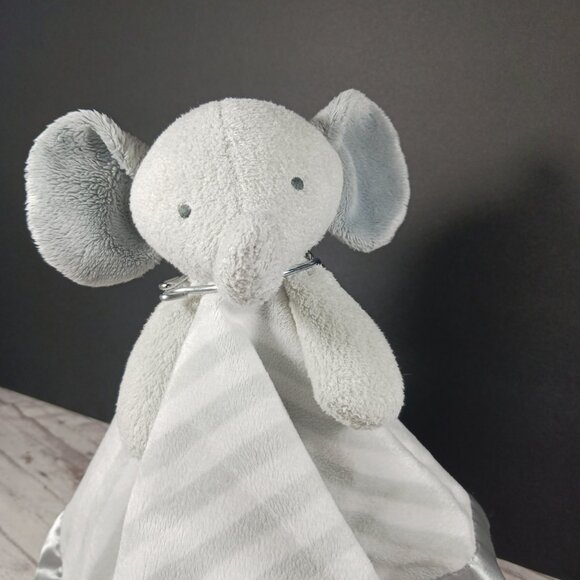 Cloud Island Baby Lovey Gray Elephant Plush Satin-Lined G/W Striped Blanket 14" - Picture 3 of 13
